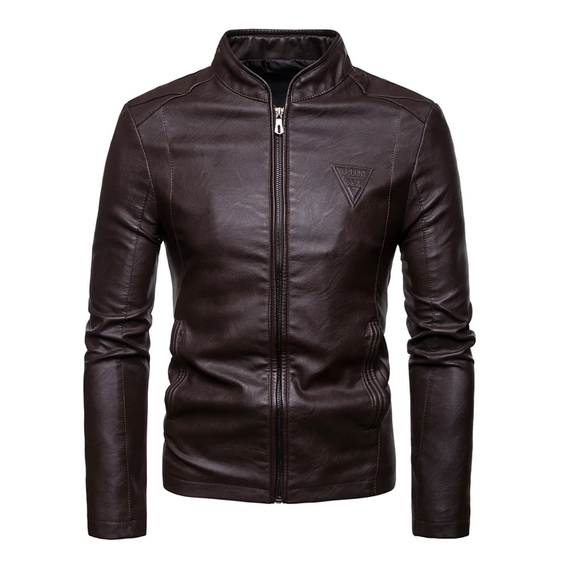 Мужская кожаная куртка из ПУ кожи с воротником-стойкой