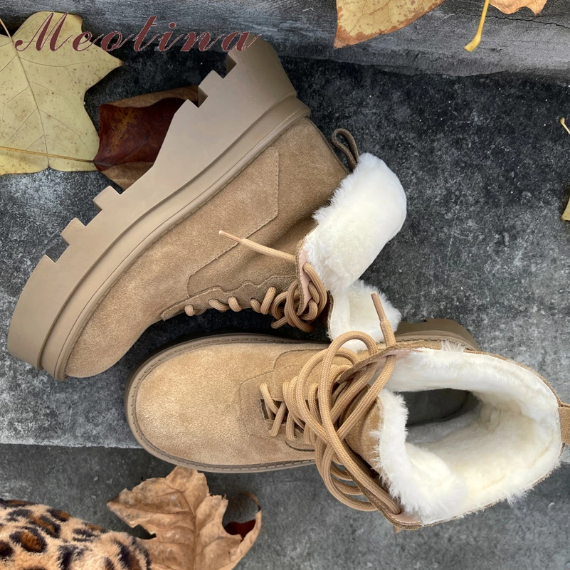 

Женские ботильоны из натуральной кожи Meotina, теплые ботинки из коровьей замши на высоком массивном каблуке, с круглым носком, на шнуровке, Осень-зима