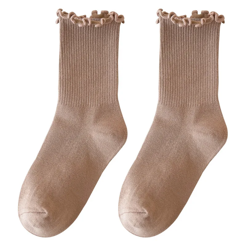 5pairs Socks Women's Spring and Summer Style Wooden Ear Tube Socks Lace Tide Cotton Socks
