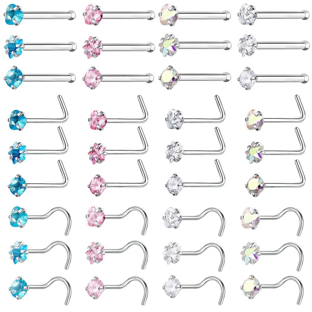 

ZS 3-12Pcs/Lot 18/20G Colorful Nose Studs Stainless Steel Nostril Piercings Ring Star Crystal Nose Piercing Nariz Body Jewelry