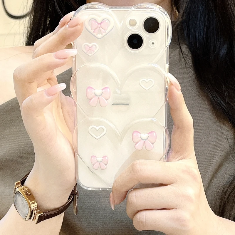 

3D Transparent Cute Bow Love Hear Korean Phone Case For iPhone 13 12 11 Pro Xs Max Xr X Shockproof Soft Silicone Cover Coque