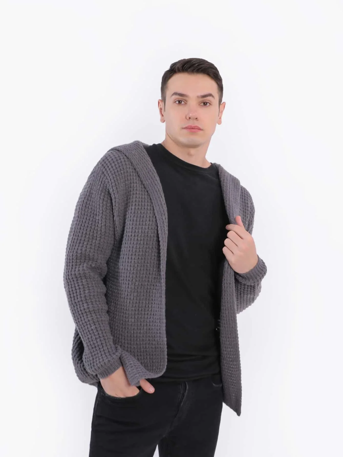 

Новинка, вязаный кардиган средней длины для мужчин на осень и зиму, свитер в стиле пэчворк с воротником-стойкой, верхняя одежда, свитер, паль...