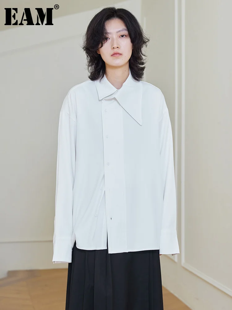 

[EAM] Women White Asymmetric Big Size Blouse New Lapel Long Sleeve Diagonal Placket Loose Shirt Fashion Tide Spring Autumn 2023