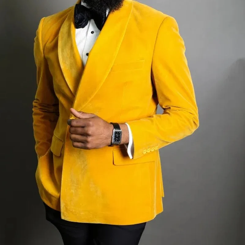 

Yellow Velvet Casual Men Suits with Double Breasted for Prom 2 piece Wedding Groom Tuxedo Man Fashion Set Blazer with Black Pant