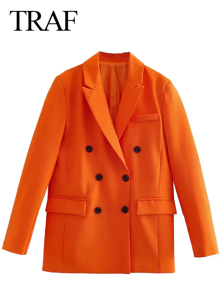 

TRAF Orange Casual Commuter Daily Long Women's Blazer One Piece Fashion Loose Solid Color Double Breasted Ladies Suit Top