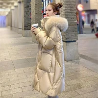 vintage long winter parka bright surface fleece warm down coat womens korean removable fur collar hooded padded cotton jacket