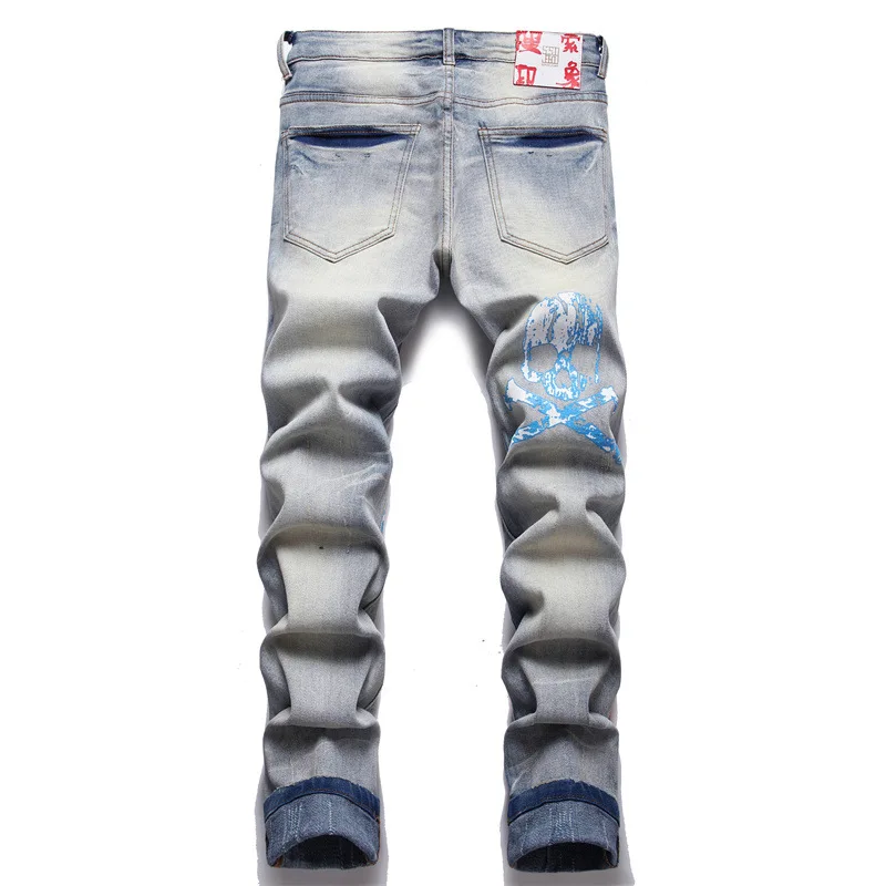 Men's Fashionable Printed Jeans Trendy Figure Slogan Blue Stretch Pants Retro Punk Button Fly Hole Split Fit Straight Pants