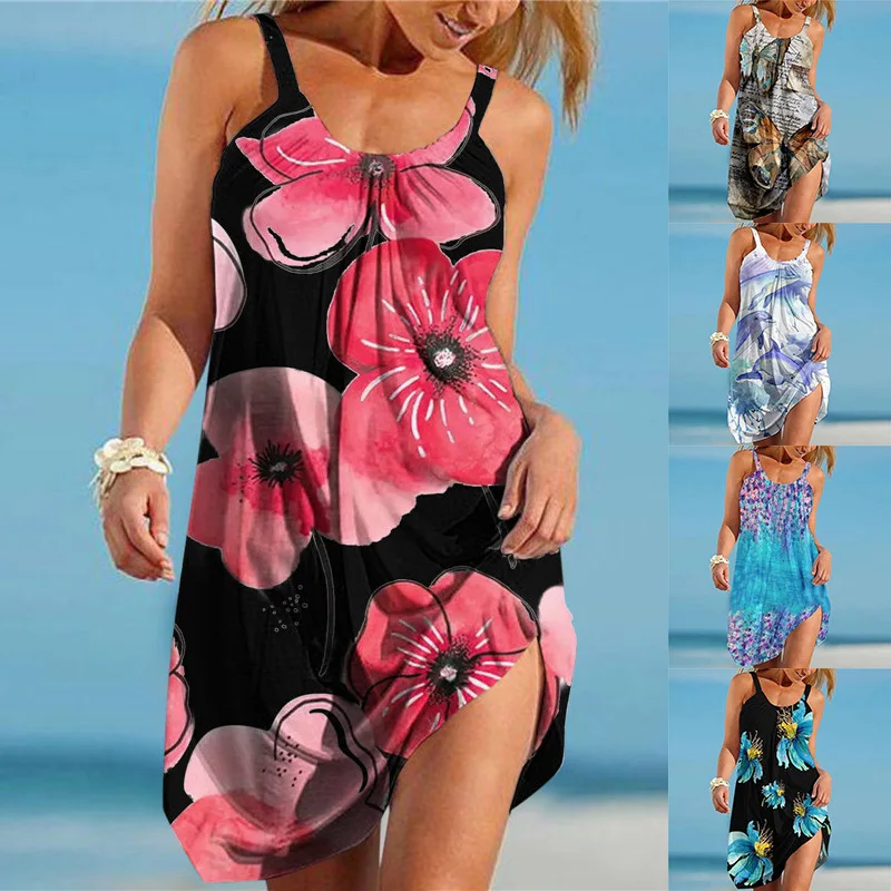 

2022 European and American women's summer beach halter dress Casual printed vest dress