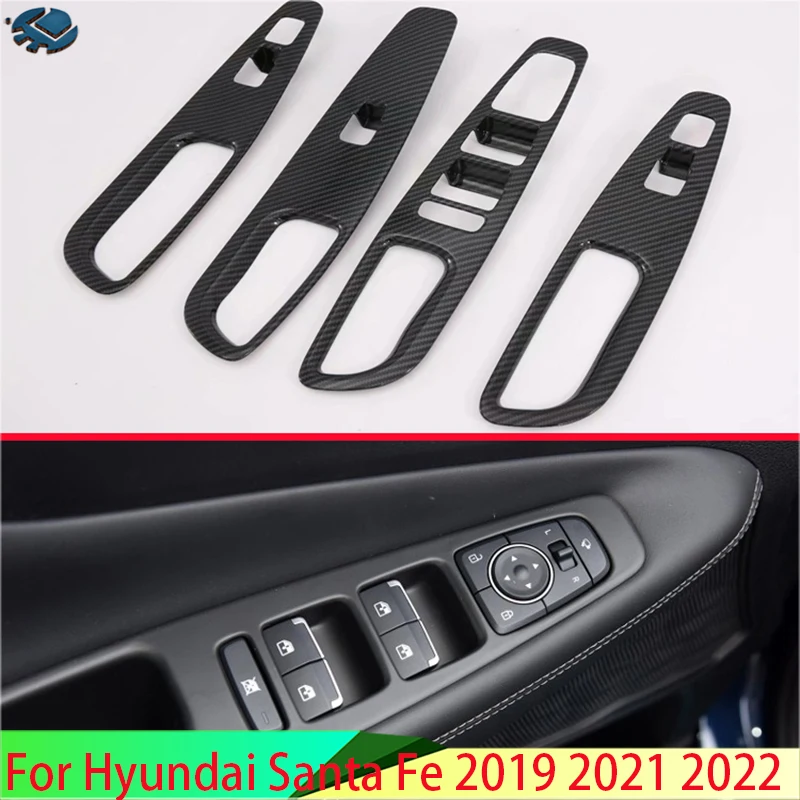 

For Hyundai Santa Fe 2019-2022 Car Accessories Carbon Fiber Style Door Window Armrest Cover Switch Panel Trim Molding Garnish