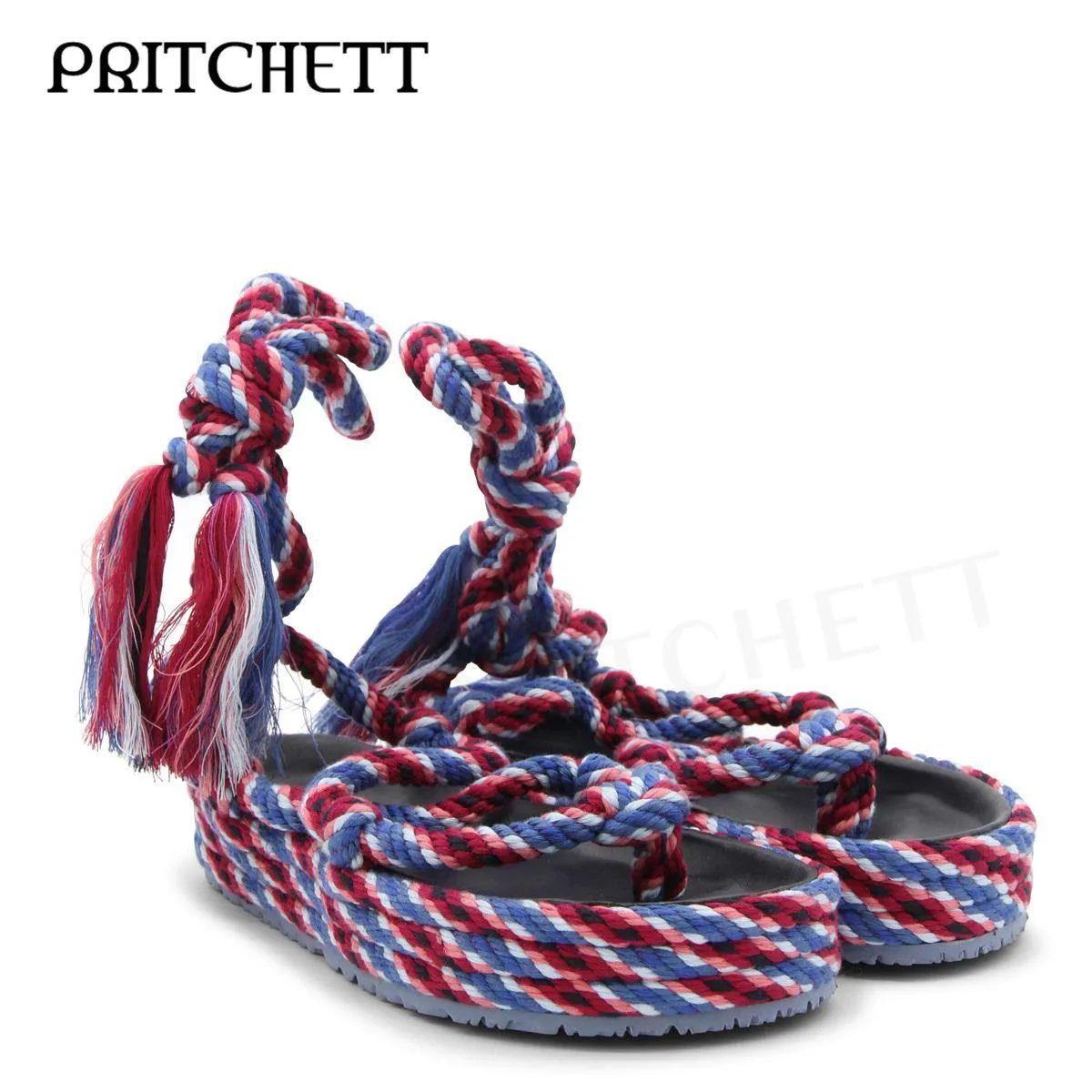 Blue and Red Color-Block Woven Flip-Flops Woven Heightened Round Toe Cross-Strap Sandals Fashion Tassel Platform Sandals