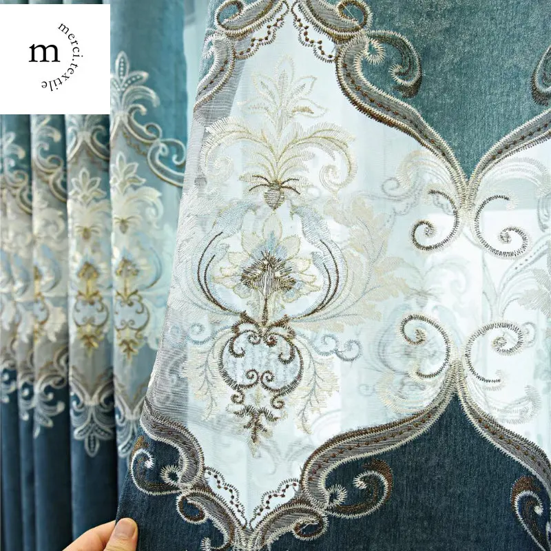

European Style Gray Pink Two-color Stitching Hollow Embroidered Curtains for Living Room Bedroom Dining Villa Luxury Custom Size