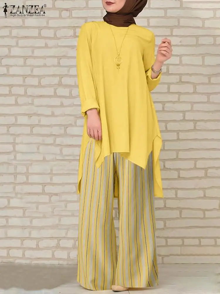 

ZANZEA Stripe Patchwork O-Neck Full Sleeve Blouse Wide Leg Pant Women Spring Abaya Kaftan Muslim Sets Elegant Casual Tracksuit