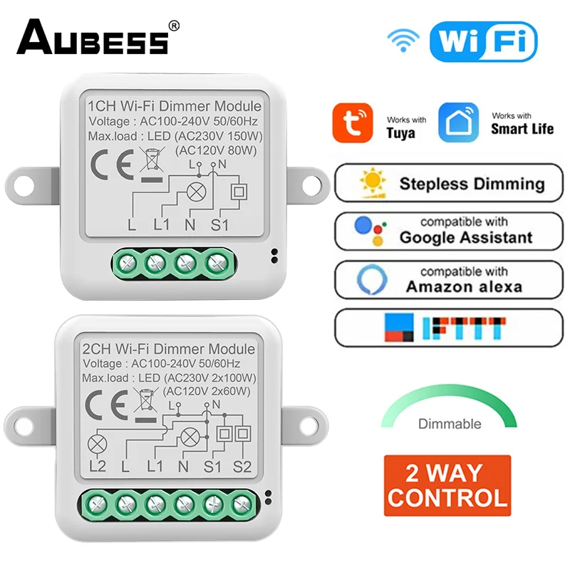 

Aubess WiFi Dimmer Switch,Tuya Smart LED Light Dimming Switch Module 2 Way 2 Gang APP Remote Control Work With Alexa Google Home