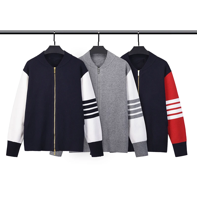 

TB THOM Men's High Quality Wool 4-Bar Striped Korea Trendy Brand Casual Zipper Coat Unisex Style Straight Loose Knit Cardigan