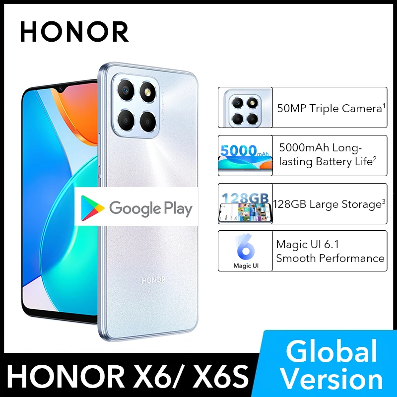 Global Version HONOR X6 X6S Smartphone 6.5 Inches Display 5000mAh Large Battery 50MP Triple Camera Supercharging Cellphone