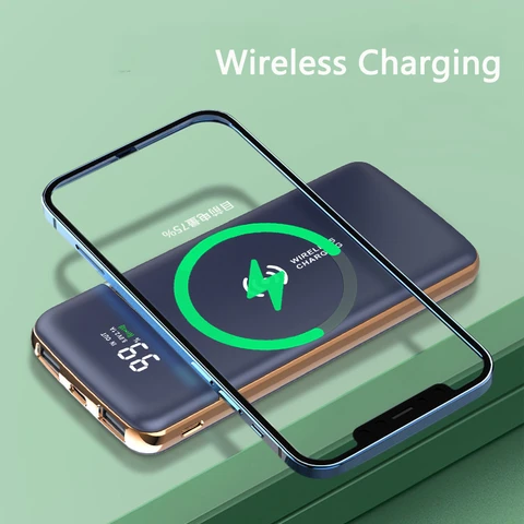 Портативное зарядное устройство Qi, 20000 мАч, беспроводное зарядное устройство, Внешний аккумулятор со встроенным кабелем для iPhone 14 13 12 11 Samsung Huawei Xiaomi, портативное зарядное устройство