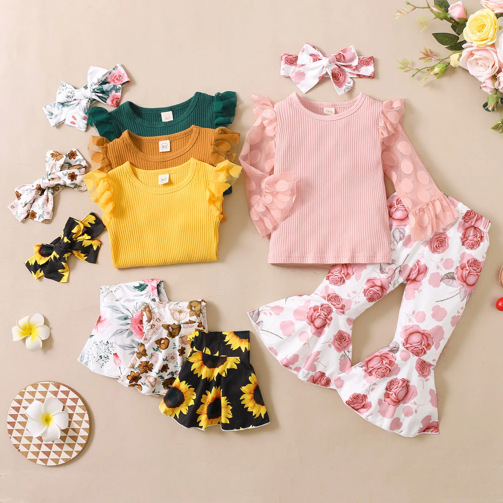 

Toddler Baby Girls Set Lace Dot Printed Flare Sleeve Tops T-shirt And Sunflower Floral Flare Born Clothes for Girls Girls 5