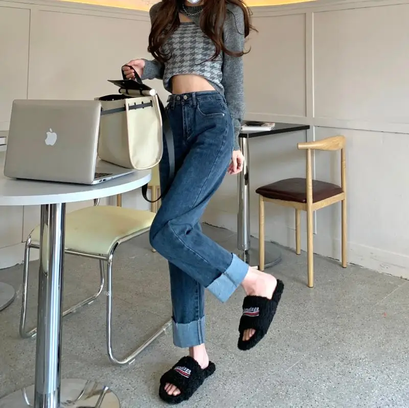 

N1830 The new fashion straight leg slimmer design wide-leg rolled trousers