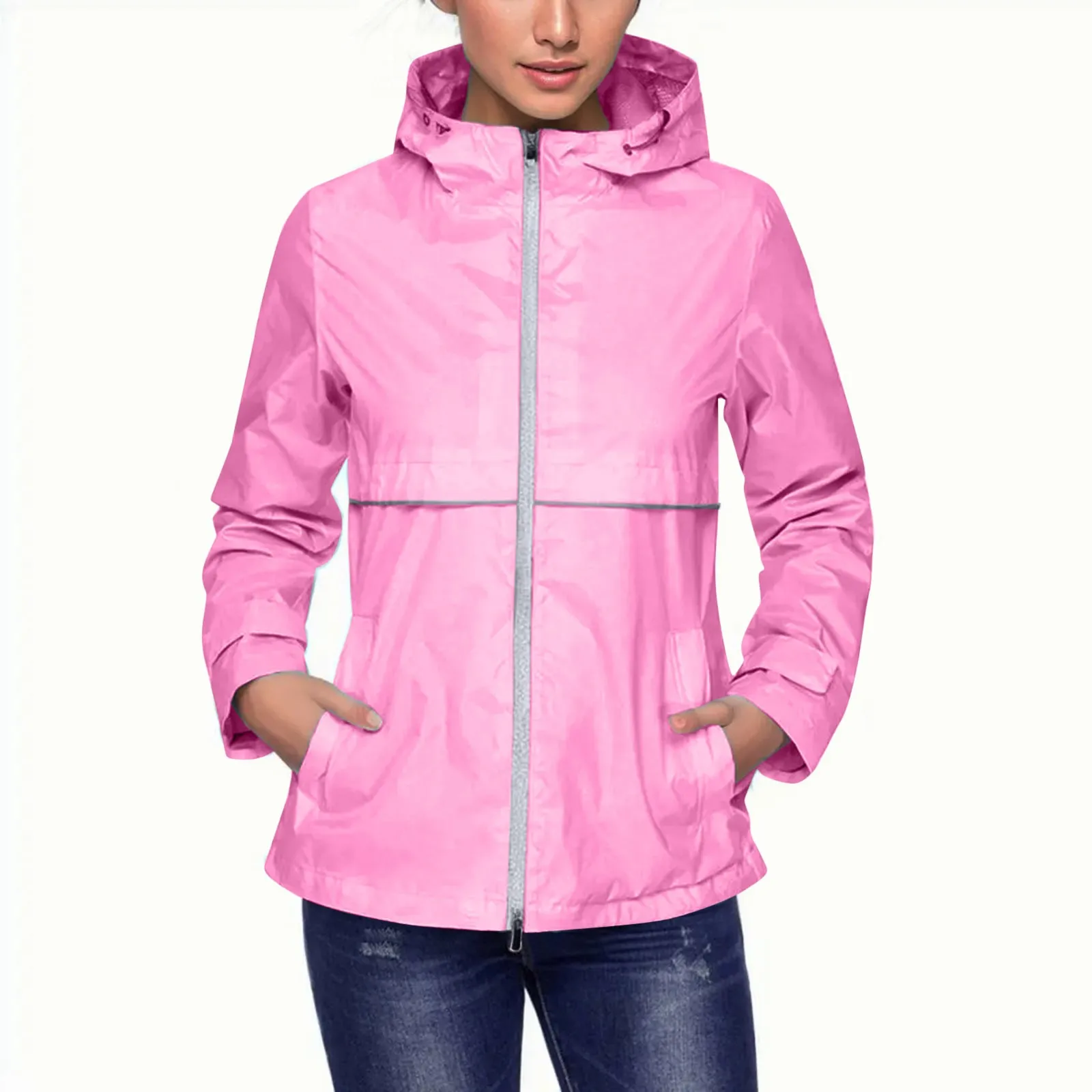 

Women's Autumn Casual Loose Solid Color Hooded Coat Simple Fashion Zipper Windproof Waterproof Raincoat Jacket Wih Pockets