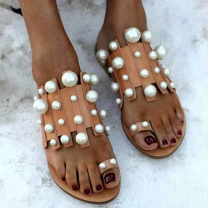 

Summer Slides For Women 2022 New One-word Thong Pearl Flat Sandals Ladies Large Size Roman Slippers Casual Shoes sandalias mujer