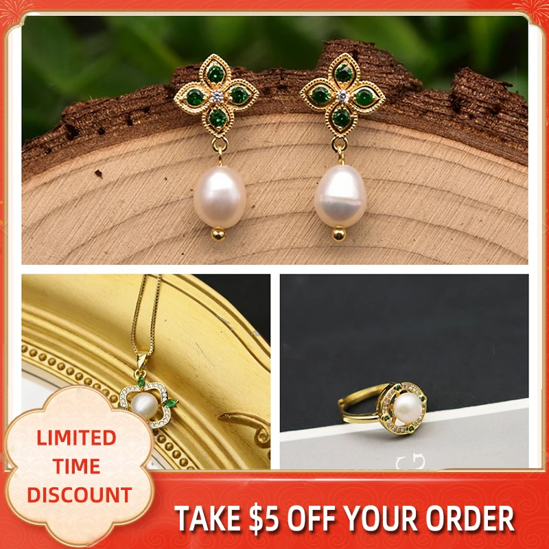 

XlentAg Emerald Zircon Natural Freshwater Pearl Earrings Necklace Ring Luxury Fashion Fine Jewelry Set Wedding BridalAccessories