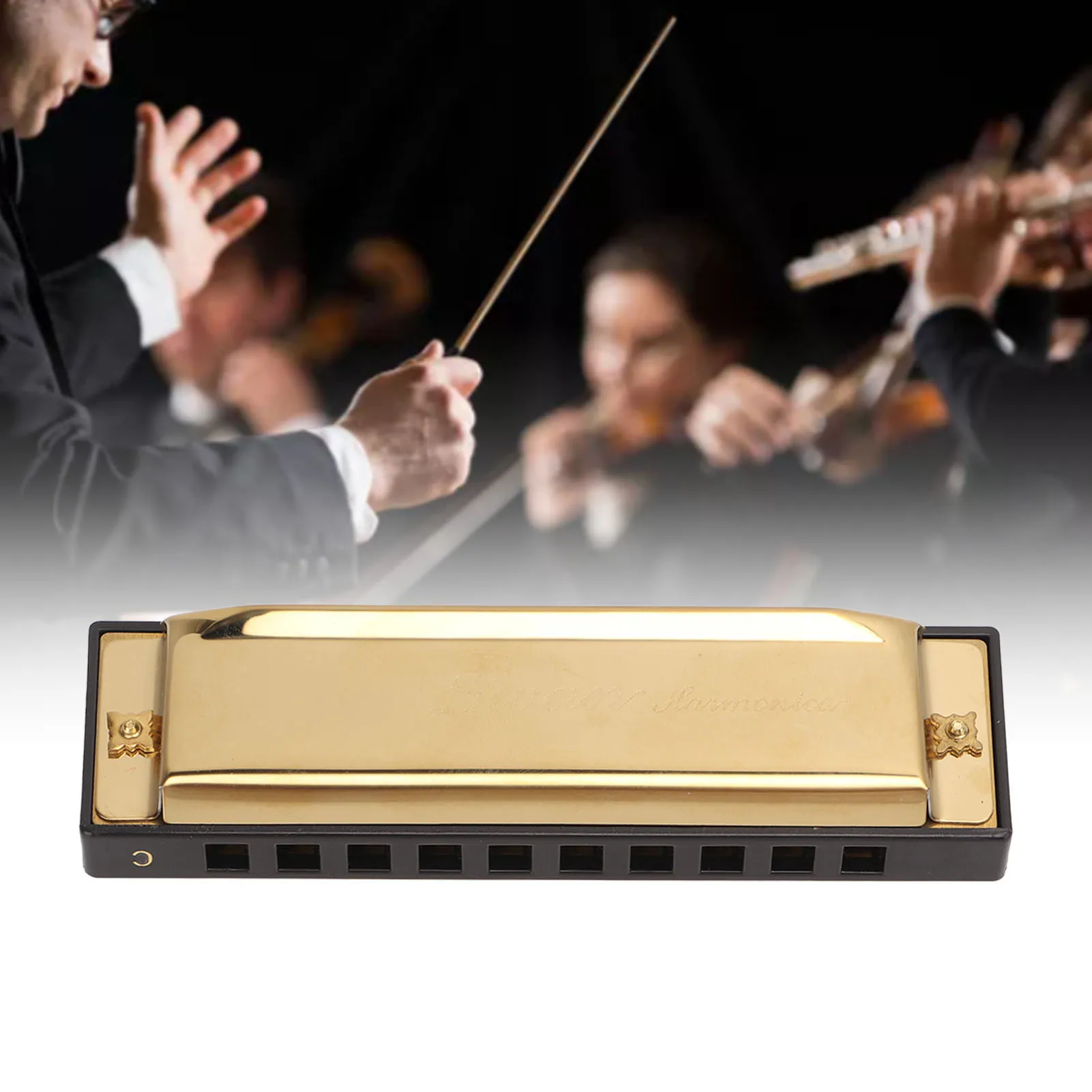 Гармоника Хромированная медная пластина Golden 10 Hole 20 Tone C Key Mouth Organ Инструмент для
