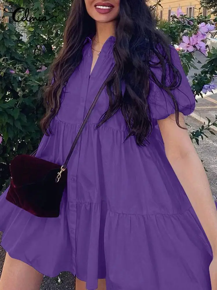 

Модное платье-рубашка, женское однотонное плиссированное платье, летнее повседневное мини-платье с пышными рукавами, праздничный строченн...