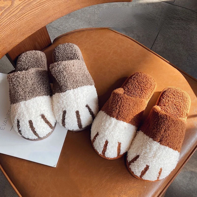 

Creative cute cat paw women slippers Winter fluffy short plush home cotton shoes Fleece faux fur couples wram man slippers 2022