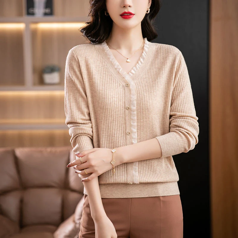 

Elegant Fashion V-neck Lace Fungus Pullover Tops Women Autumn Casual Long Sleeve Soft Comfortable Basic Knitted Sweater Jumpers