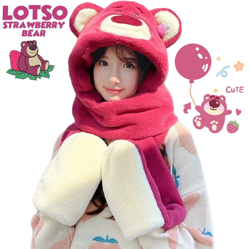

Disney Toy Story Lotso Plush 3 In1 Gloves Scarf Hats Autumn Winter Cartoon Cute Strawberry Bear Pocket Scarf Windproof Warm Cap