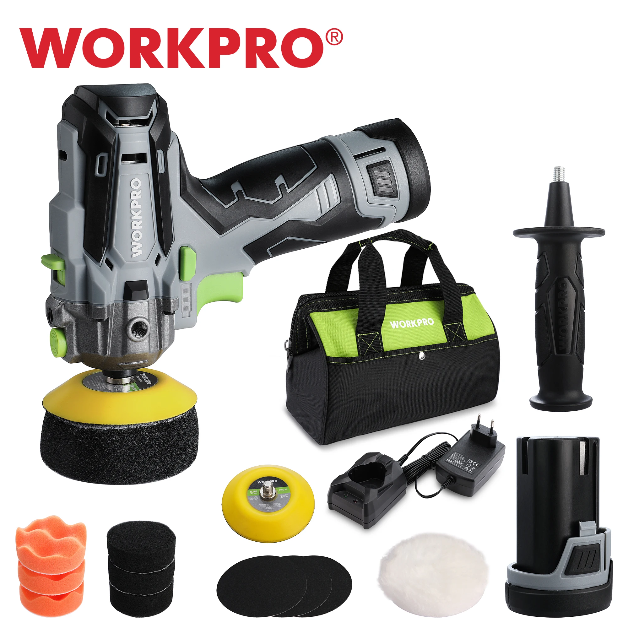 WORKPRO 12V Cordless Mini Car Detailing Polisher Scratches Killer Detailing RO DA Machine 3 Inch Pads Accessories 2 Battery