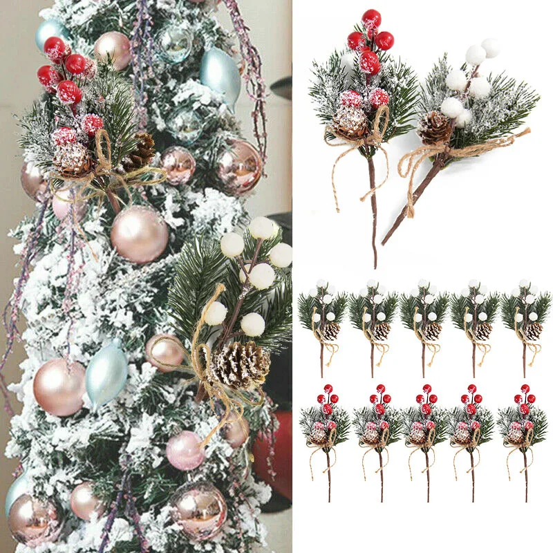 

6 шт. рождественские красные ягоды, искусственные цветы, Сосновая ветка, Рождественская елка, украшения, подарочная упаковка, домашний венок...
