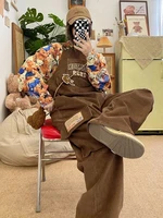 qweek vintage brown corduroy overalls jumpsuits women harajuku cartoon oversize cargo pants korean fashion pockets trousers