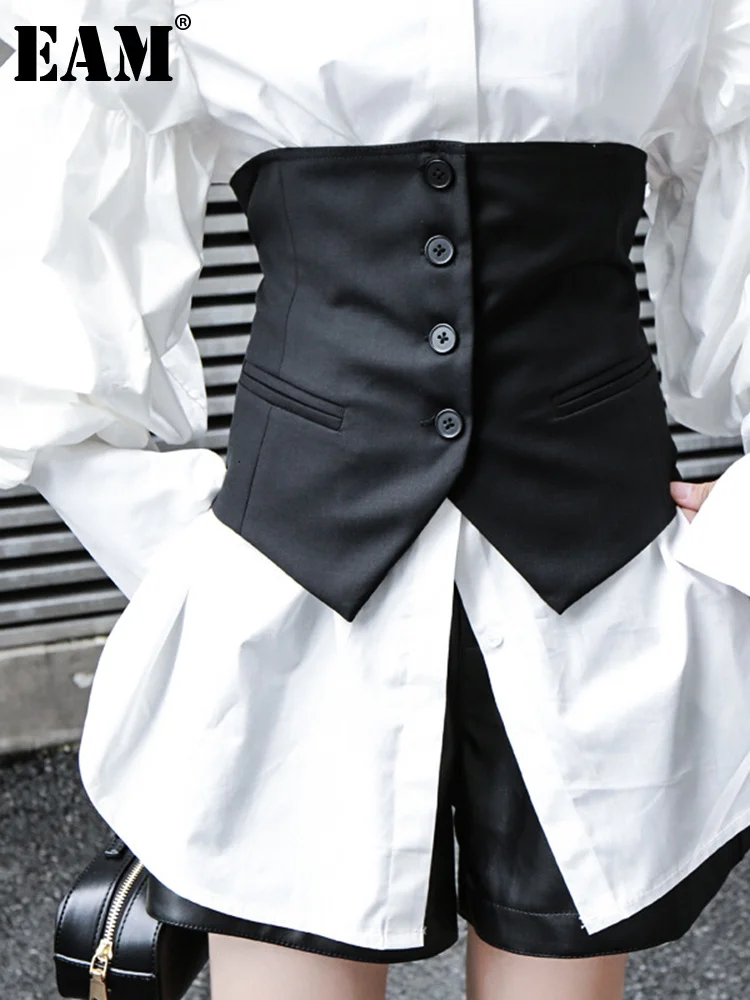 

[EAM] Women Black Button Split Joint Asymmetrical Loose Fit Vest New Sleeveless Fashion Tide Spring Autumn 2022 1K371
