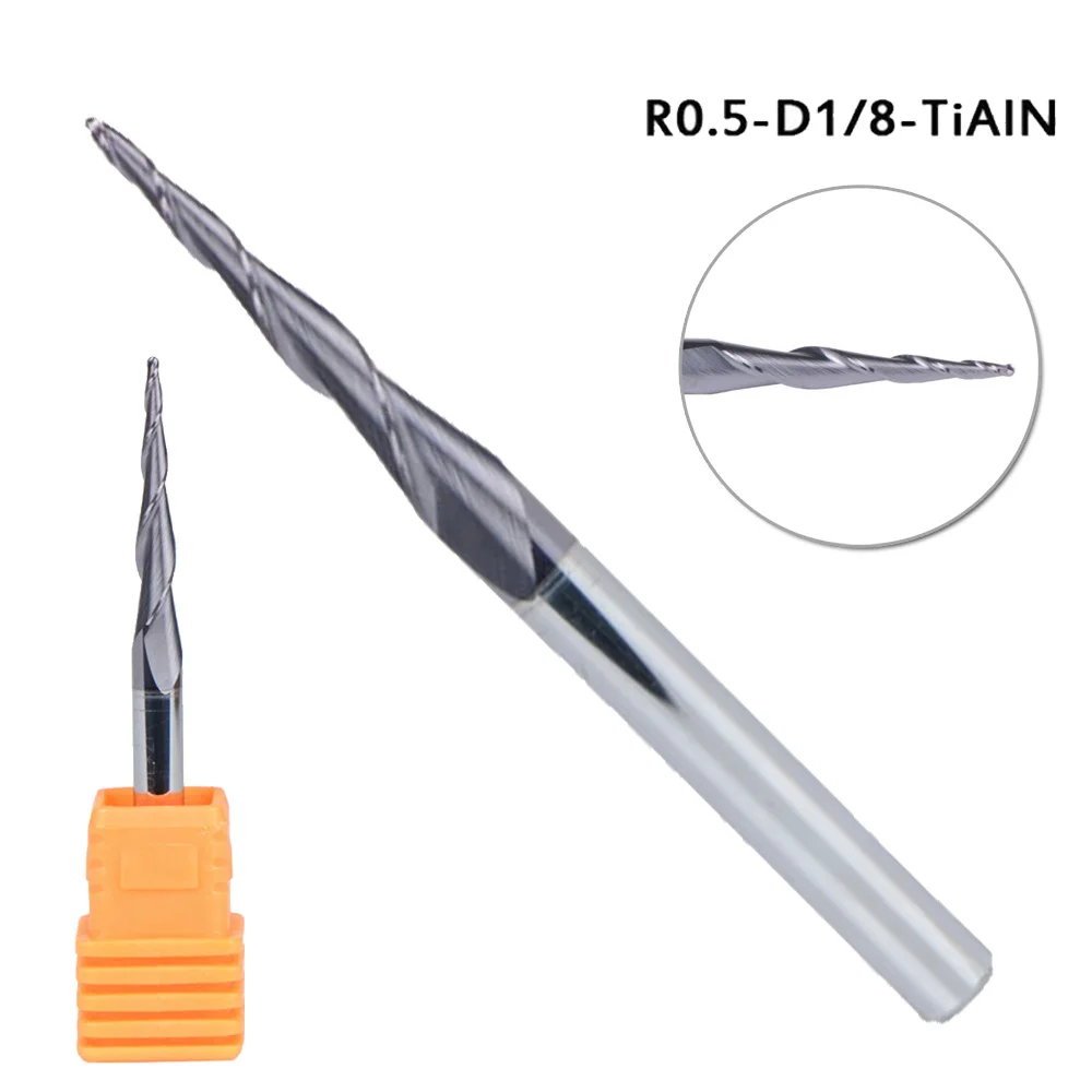 

Tungsten Carbide 2 Flutes End Mill Milling With Plastic Box Tool Equipment 1/8 Shank Radius HRC 0~55 R0.5-D1 / 8-TiAlN 15mm