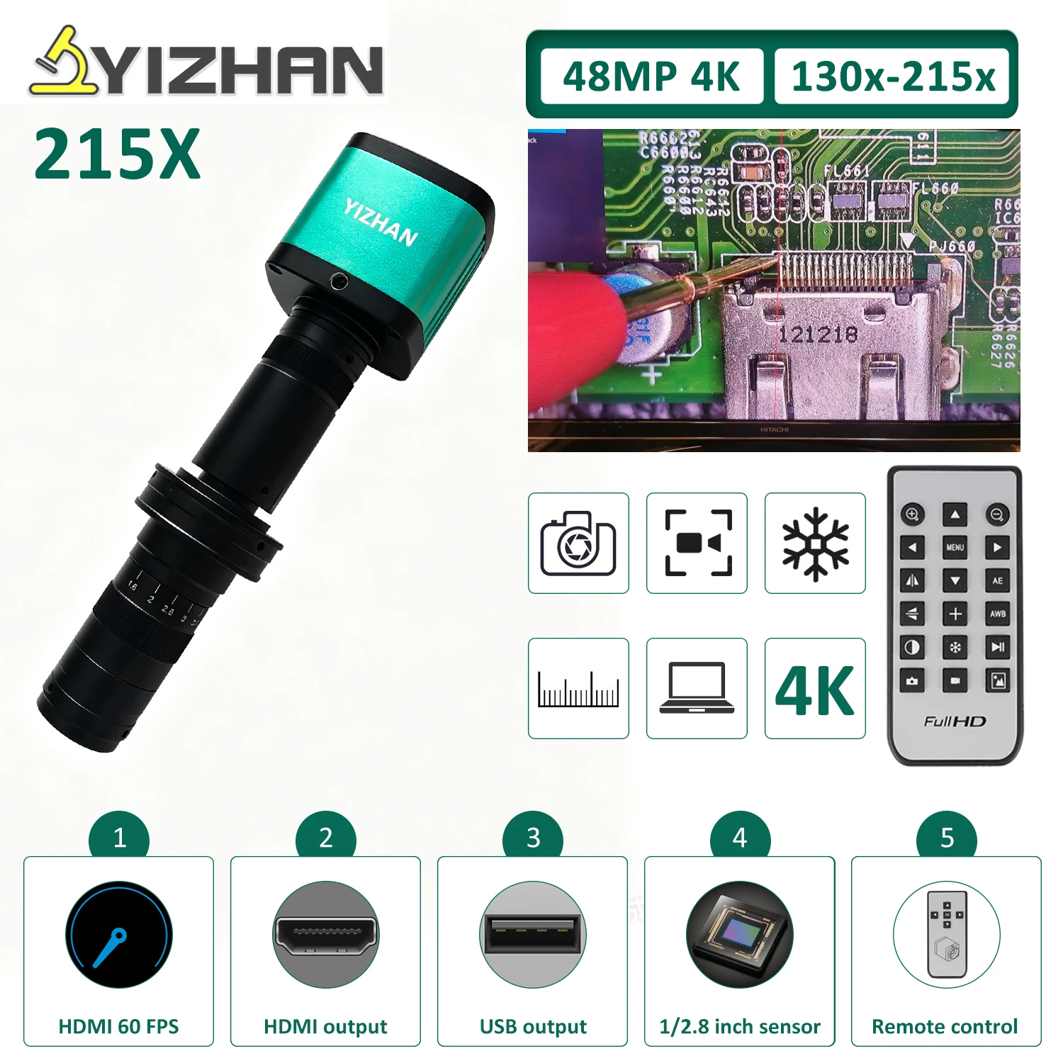Фото Микроскоп-камера YIZHAN 4K для пайки электроники и стоматологических операций с HDMI и USB, доступны варианты с увеличением 130x, 150x, 180x, 215x. №1