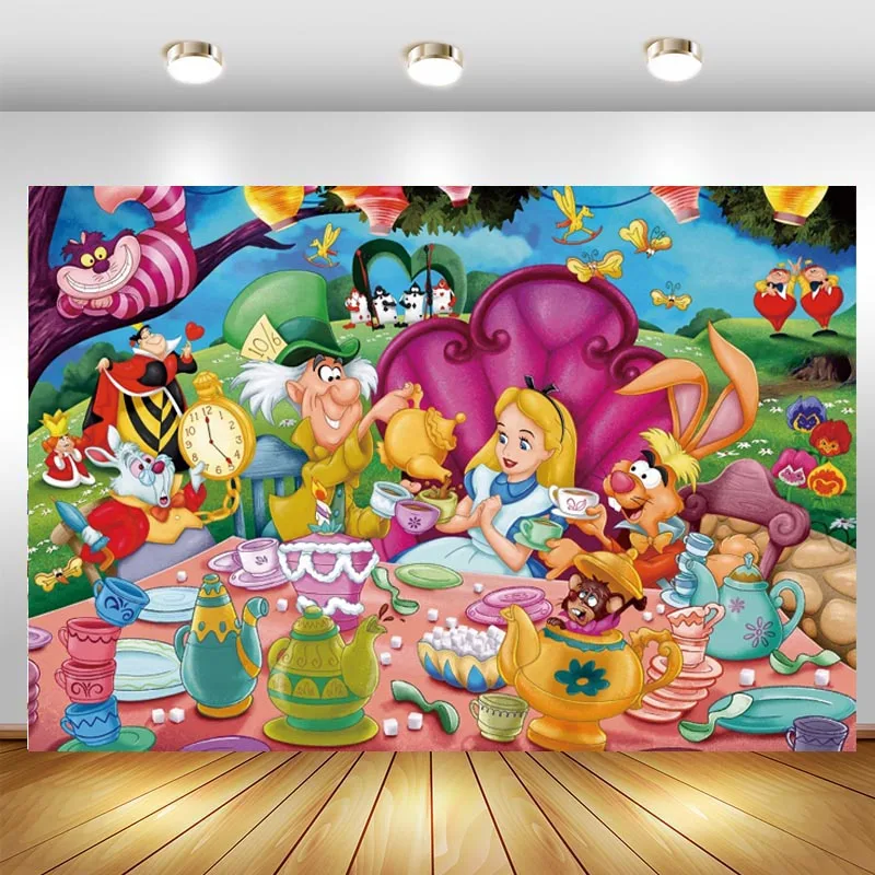 

Disney Alice In Wonderland Tea Party Photo Backdrop Fairy Tale Princess Girls 1st Birthday Photography Background Decor Banner