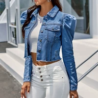 short denim jacket womens puff sleeve with button pocket blue retro jacket autumn and winter streetwear ripped jeans jacket