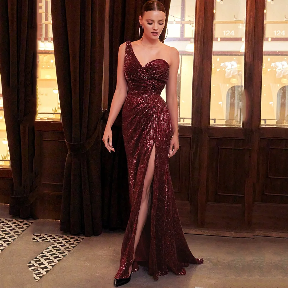 

Sparkle Red/Bule Sequin Mermaid Evening Dresses Formal Side Slit One-Shoulder Backless Party Gowns Sweep Train Abiti Da Sposa