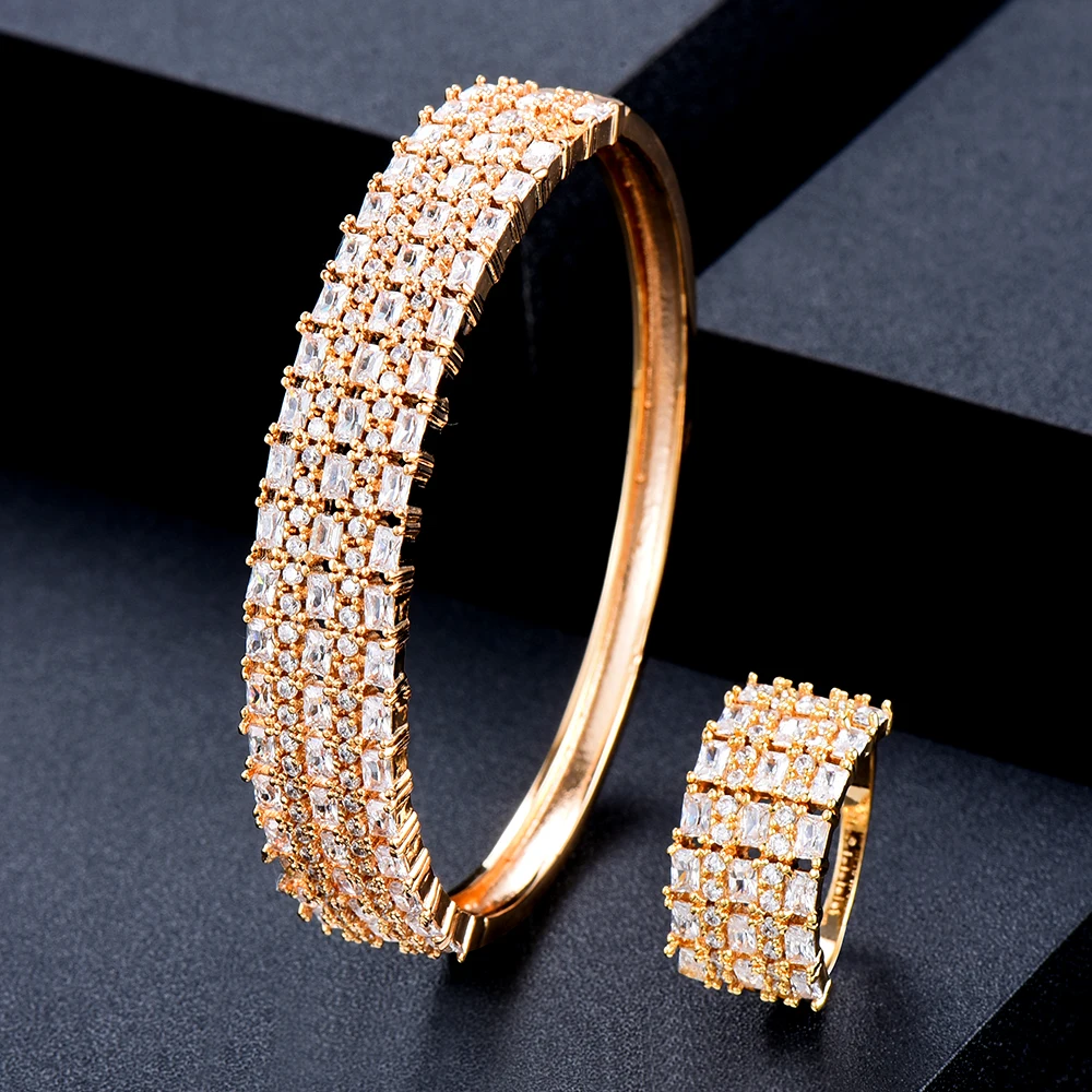 GODKI Trend DUBAI CZ Bangle Ring Set For Women Wedding PARTY Baguette Cut Zirconia AFRICAN Bridal Jewelry Sets BOHO