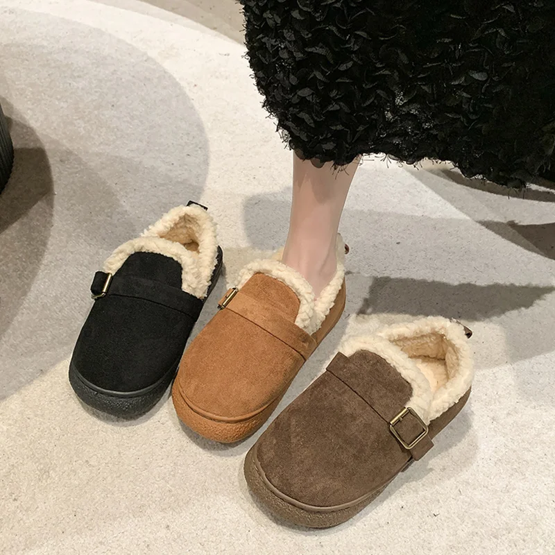 

Туфли женские с круглым носком, меховые лоферы, Мокасины, на шнуровке, однотонные базовые, без застежки, из искусственной кожи, плюшевая обувь, 2023