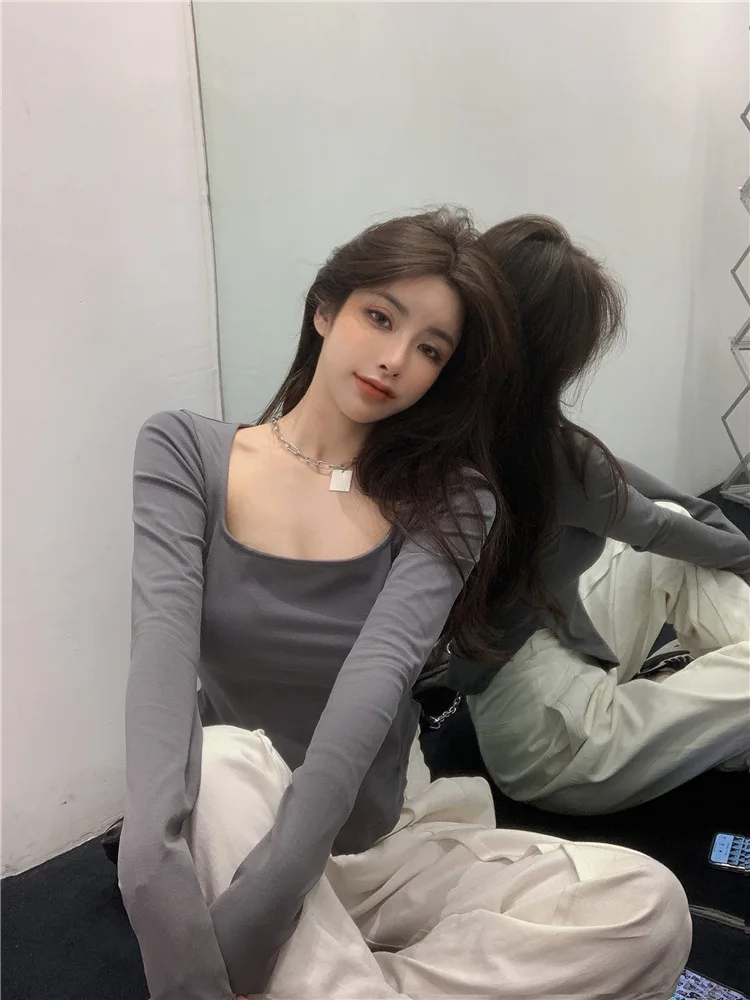 

Весенние однотонные пикантные топы с низким вырезом, асимметричные облегающие Женские повседневные футболки с длинным рукавом, женская мо...