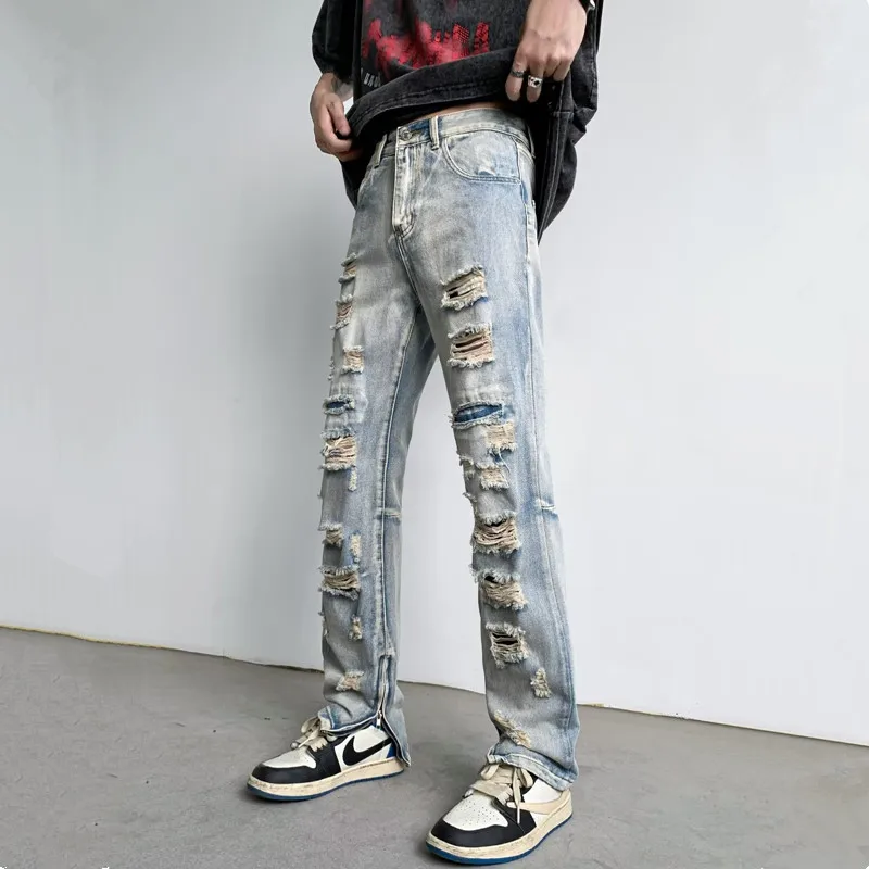 Брюки мужские рваные из денима с молнией на щиколотке