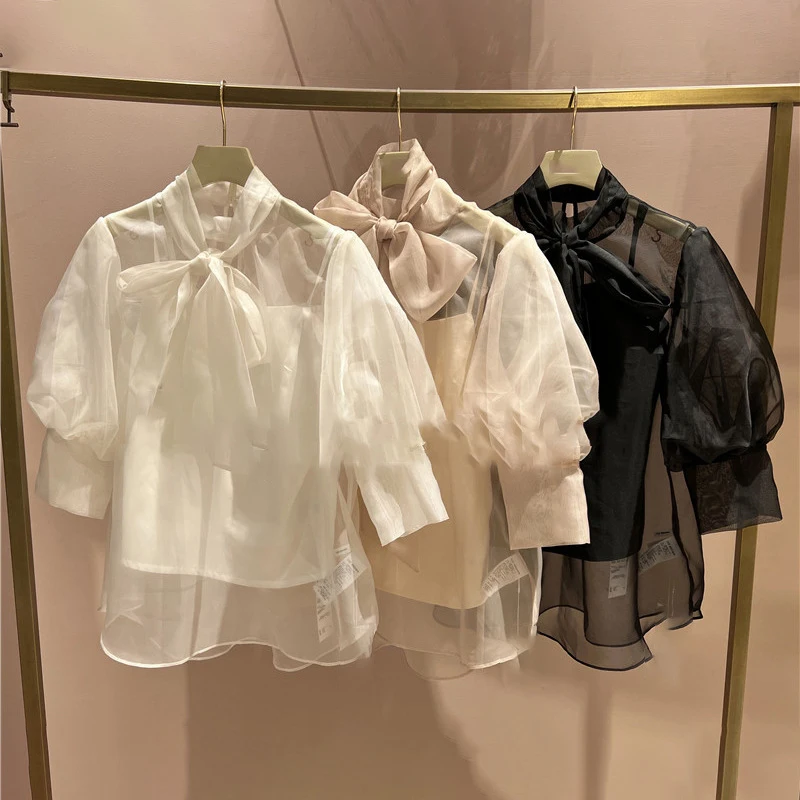 

iYunDo Ladies Shirts Big Bow Tie Stand Collar Lantern Sleeve Women Chiffon Blouse Korean Fashion Spring Summer Female Clothing