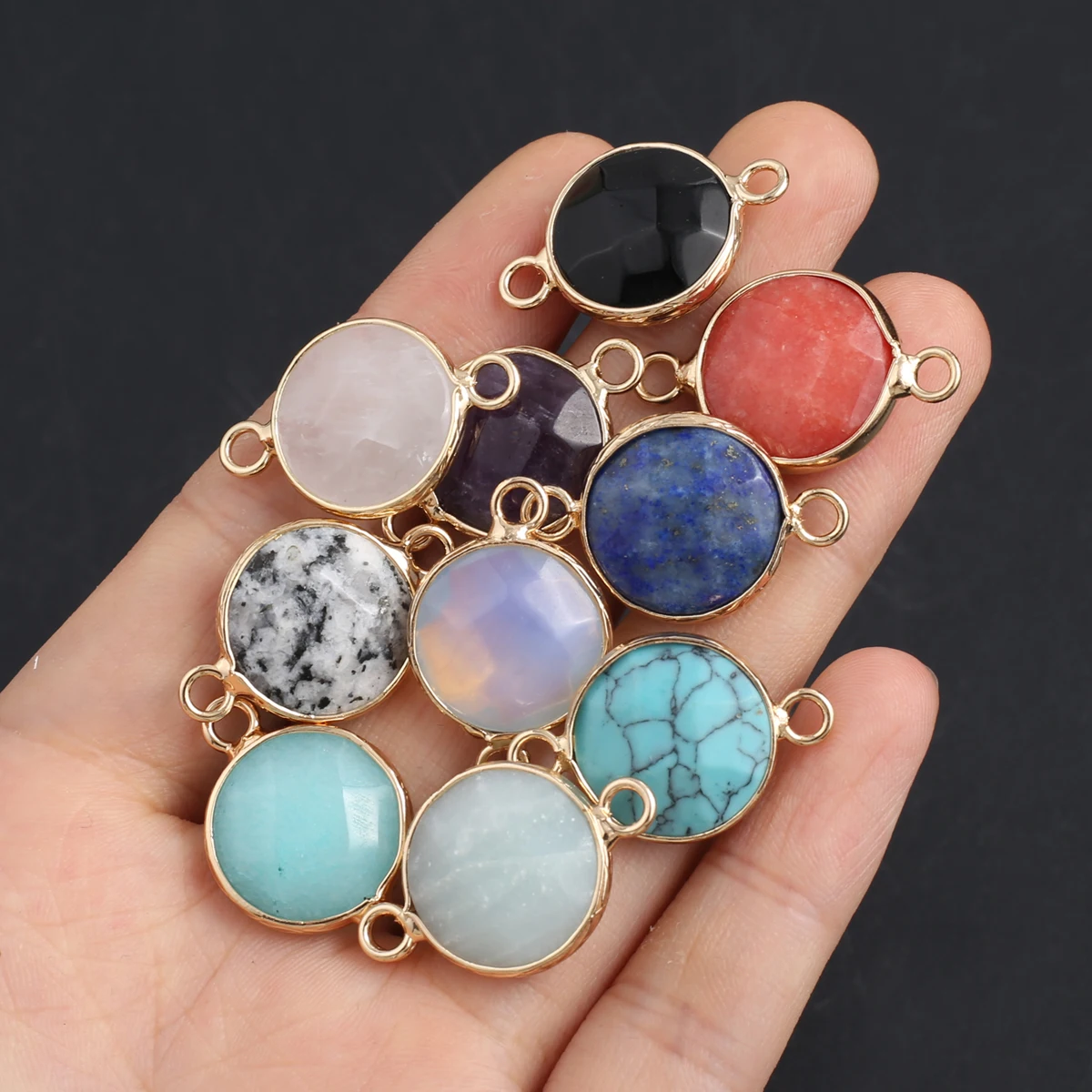 

2Pcs Random Natural Stone Connector Gold-Edge Round Faceted Connector For Jewelry Making DIY Necklace Bracelet Accessory