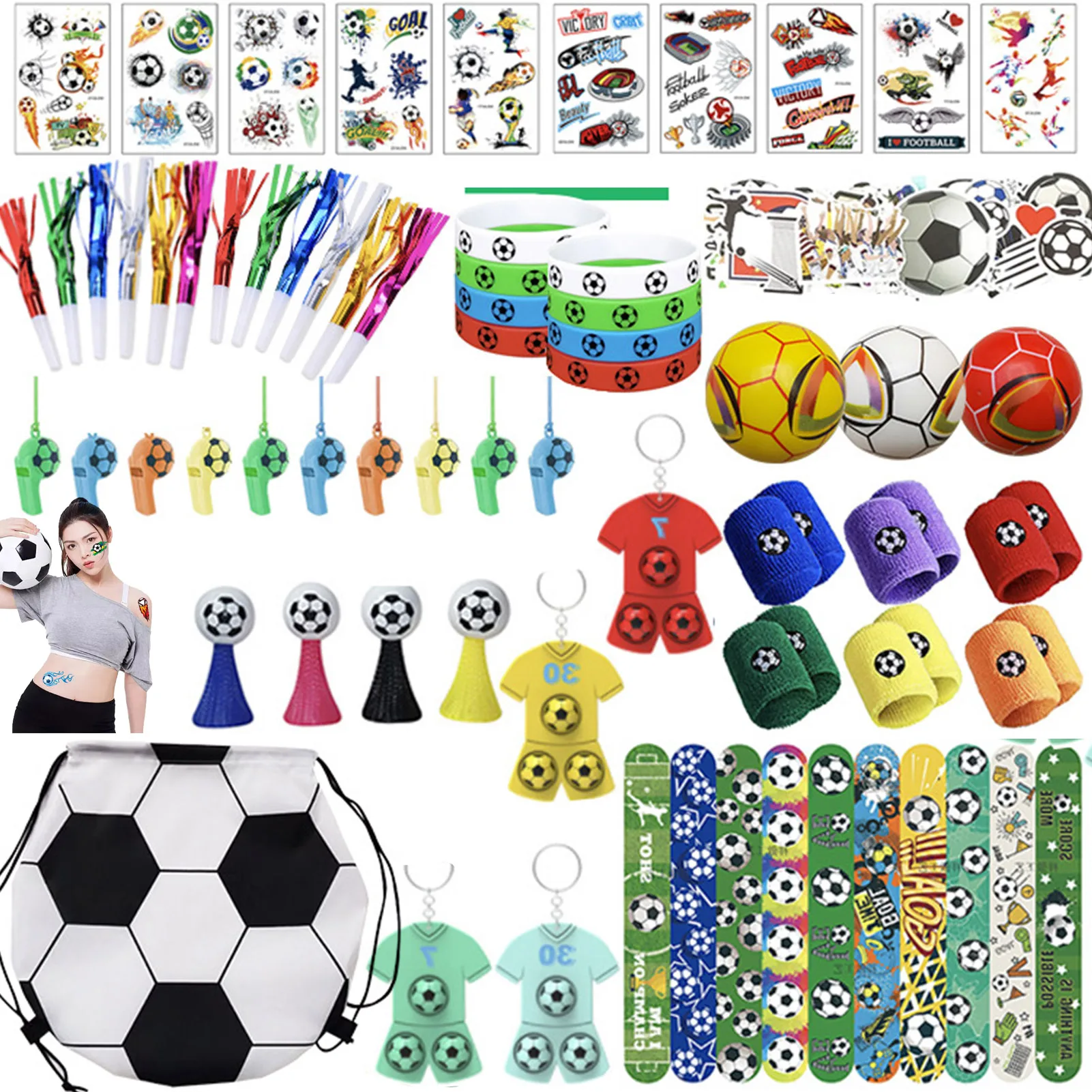 

122Pcs Soccer Party Favors Set Soccer Europe Cup Soccer Toys DIY Soccer Gyro Bracelet Car Maze Whistle Keychain Cheer Kit