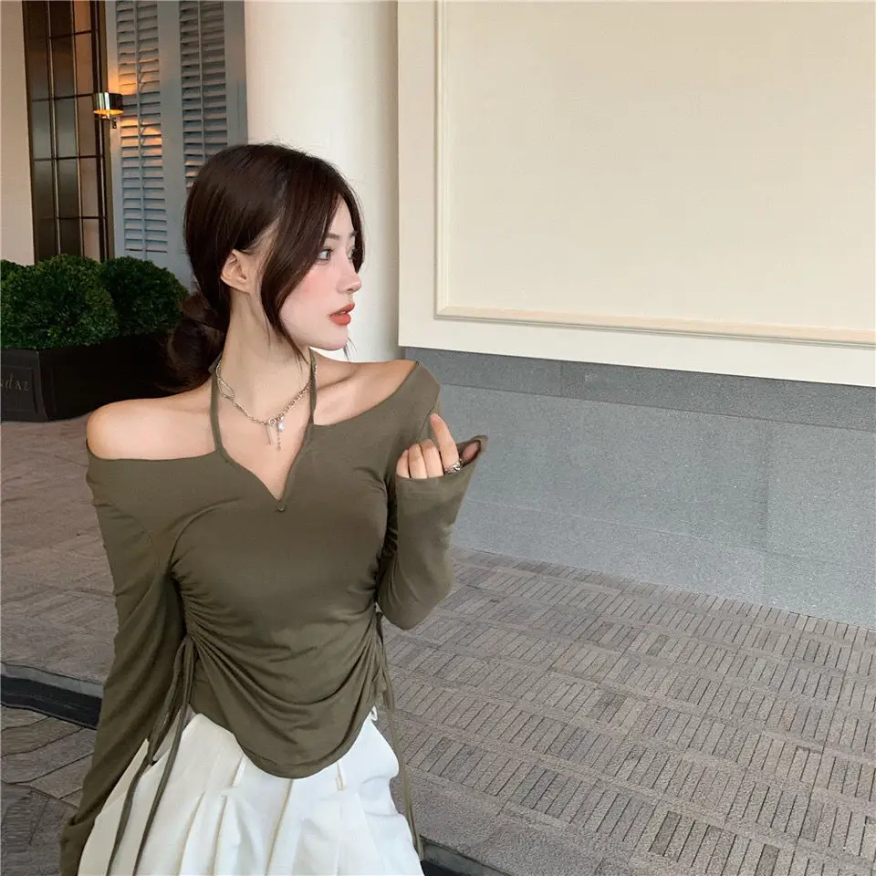 

Autumn Fold Draw Rope Slim Long Sleeve V-neck Spice Girl Short Style Pure Desire Top Niche Design Sense Female Thin Black T-shir