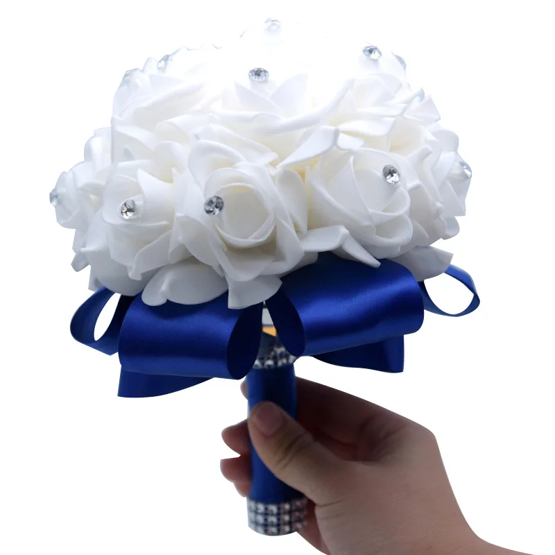 

Bridal Bridesmaid Simulation Diamond Roses Bouquet Artificial Holding Flowers with Satin Ribbon Mariage Wedding Accessories