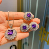 925 sterling silver retro amethyst zircon square luxury pendant earring necklace ring jewelry set for women boho friends gift
