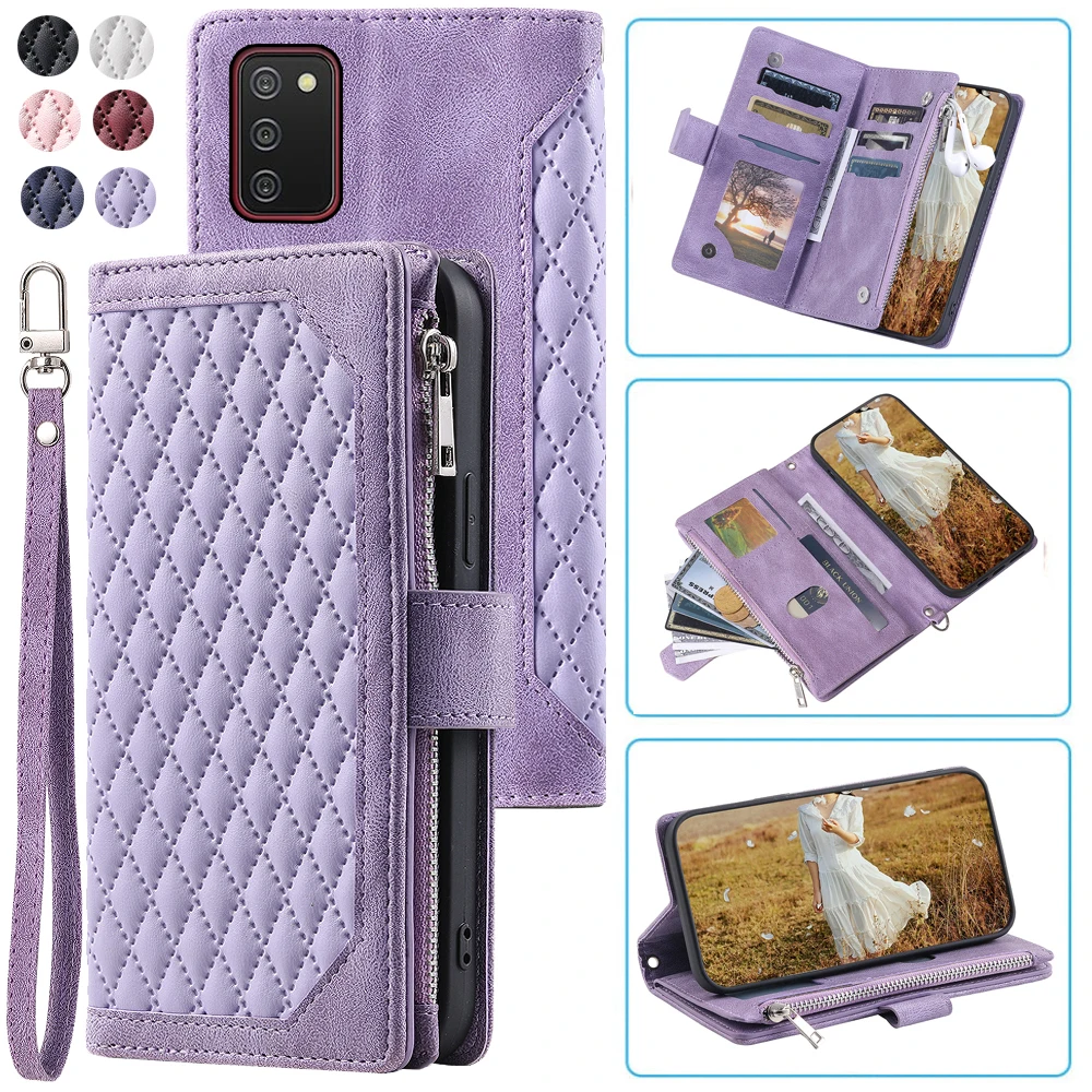 

Fashion Zipper Wallet Case For Samsung Galaxy M02S Flip Cover Multi Card Slots Cover Phone Case Card Slot Folio with Wrist Strap